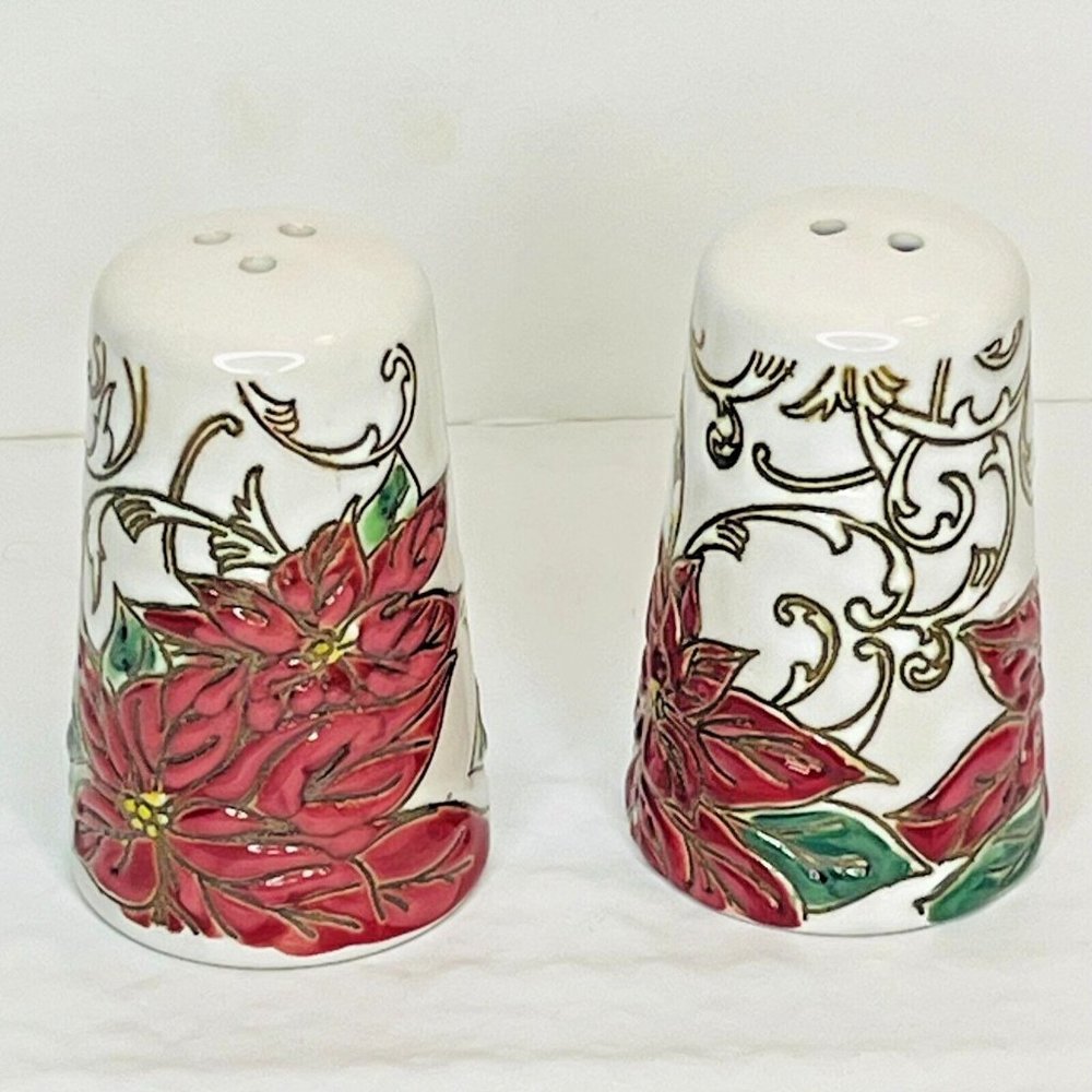 In Home Style Red Floral Poinsettia Salt & Pepper Christmas Set